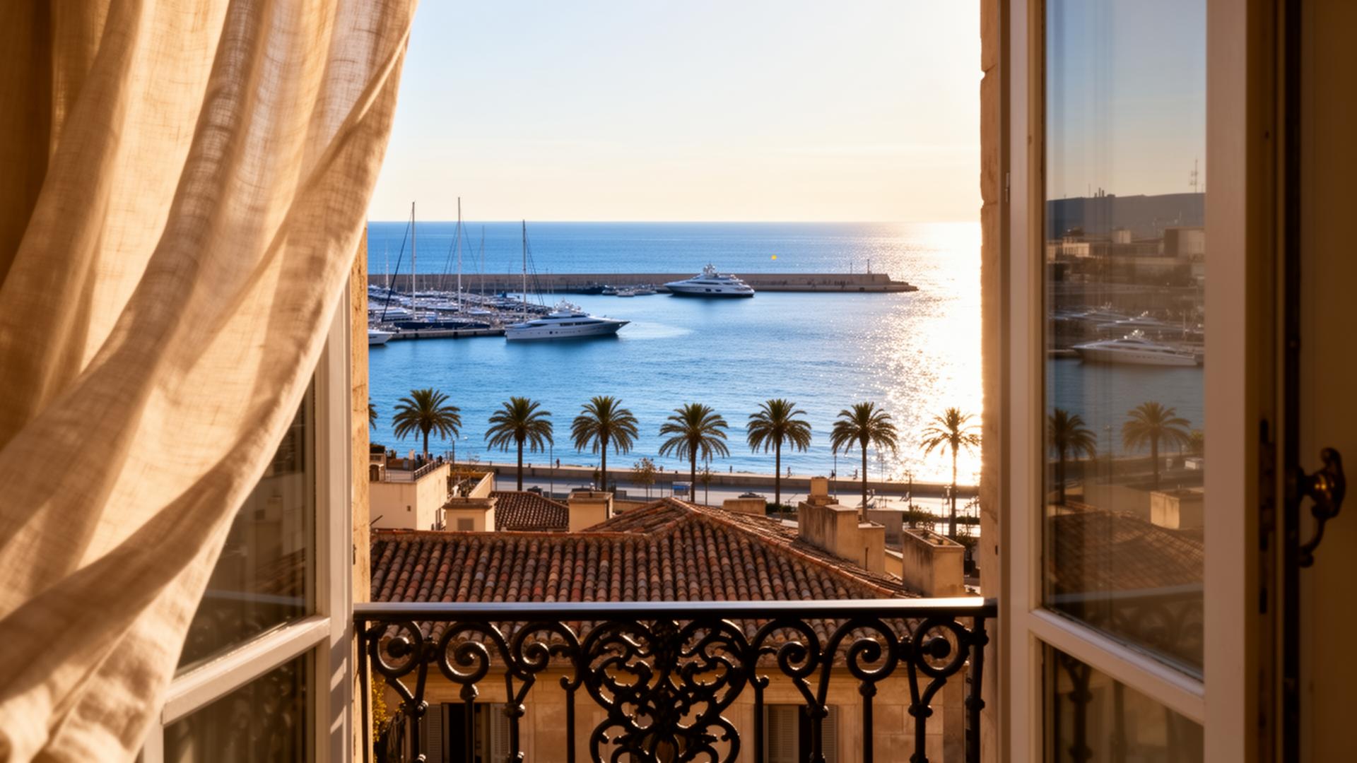 View from a Barcelona window over rooftops toward the Sagrada Familia at golden hour